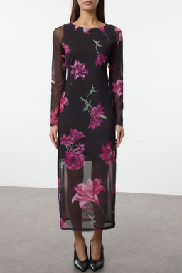 TRENDYOLMILLA Cok Renkli Bisiklet Yaka Bask?l? Astarl? Vucuda Oturan Tul Midi Orme Orme Elbise TWOAW24EL00605 фото 17