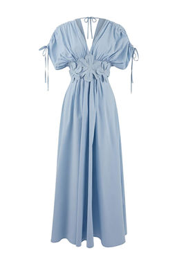 Ac?k Mavi 3 Boyutlu Cicek Detayl? Poplin S?k Abiye Gece Mezuniyet Elbisesi TPRSS24EL00282