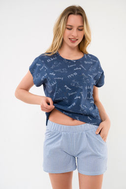 Пижама женская из футболки и шорт из кулирки Бонжур голубой - Амадэль фото 3