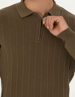 Koyu Haki Slim Fit Fermuarl_ Polo Yaka Triko Kazak