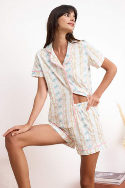 Cok Renkli %100 Pamuklu Cicek ve Kurdele Desenli Biyeli Orme Pijama Tak?m? THMSS26PT00118