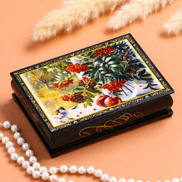 Шкатулка для украшений «Рябина на окне», 10×14 см, лаковая миниатюра