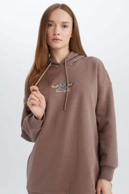 Relax Fit Kapusonlu Bask?l? Ici Yumusak Tuylu Kal?n Sweatshirt Tunik