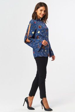 Блузка прямая с широким рукавом с принтом на синем