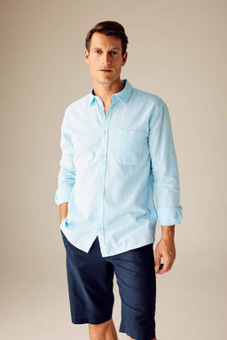 Льняная рубашка обычного кроя с воротником поло и длинными рукавами - Defacto фото 3