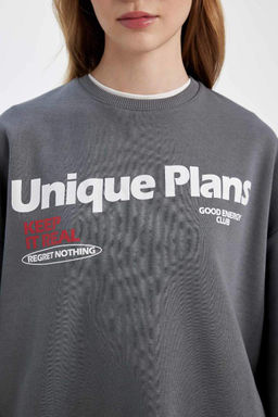 Толстовка из плотной ткани свободного кроя с круглым вырезом и принтом - Defacto фото 6