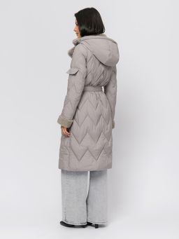 Пальто зимнее бежевого цвета с поясом и отложным воротником - 1001dress фото 4