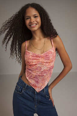Trendyolmilla Ekru Bask?l? S?rt? Capraz Ask?l? Asimetrik Etek Uclu Tul Orme Bluz TWOSS23BZ00566