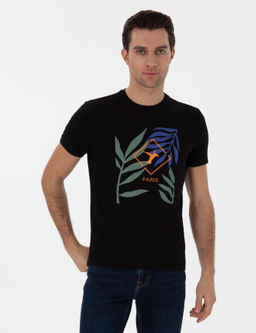Siyah Slim Fit Bisiklet Yaka Desenli T-shirt