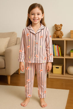 Pudra Yumusak Dokulu K?z Cocuk Bask?l? Orme Pijama Tak?m TKDAW25AU00126