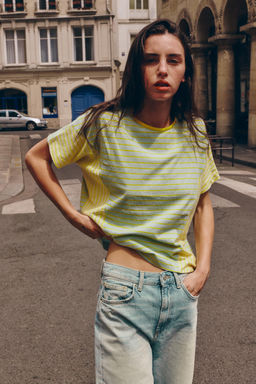 CAMISETA RAYAS ALGOD?N Y LINO / verde lavado