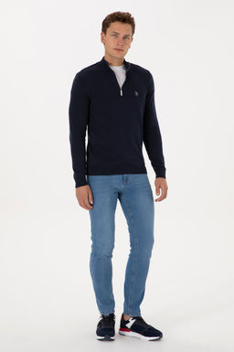 Erkek Slim Fit Yar_m Fermuarl_ Lacivert Basic Kazak