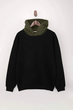 Siyah-Haki Oversize/Genis Kesim Kapusonlu Ici Sardonlu Sweatshirt TMNAW26SW00048