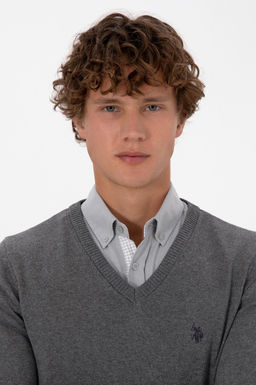 Erkek Slim Fit V Yaka Gri Melanj Basic Triko Kazak - U.s. polo assn фото 2