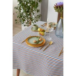 Скатерть Доляна 145х145см, Полоска цвет сине-коричневый, 100% п/э, рогожка, 200 гр/м  фото 4