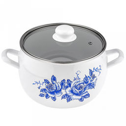 "Морозная роза" Кастрюля эмалированная 5,0л, форма полусфера, стеклянная крышка, нержавеющий ободок (Россия)