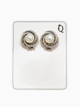 Клипсы для ушей QF Грейс, закругление с бусиной, цвет белый в чернёном серебре