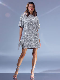 Платье женское мини серебристо-серое с пайетками - Mark formelle фото 3