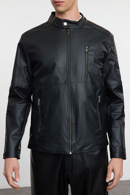 TRENDYOL MAN Siyah Regular Fit PU Suni Deri Biker Ceket Mont TMNAW25MO00003 - Trendyolmilla фото 4