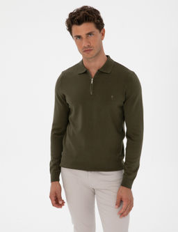 Koyu Haki Slim Fit Polo Yaka Fermuarl_ Basic Triko Kazak