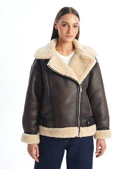 Biker Yaka D?z Oversize Kad?n Deri G?r?n?ml? Mont