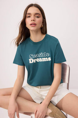 Ekru Slogan Regular/Normal Kal?p Dusuk Kol K?sa Kollu %100 Pamuk Orme T-Shirt TWOSS26TS00178 - Trendyolmilla фото 5
