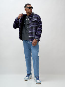 Куртка рубашка шерстяная в клетку мужская демисезонная темно-фиолетового цвета 58569TF