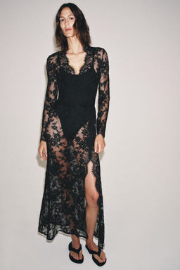 VESTIDO LARGO ENCAJE ZW COLLECTION / Negro / Blanco