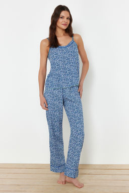 Trendyolmilla Mavi %100 Pamuklu Cicekli Ip Ask?l? Dokuma Pijama Tak?m? THMSS24PT00307  фото 2