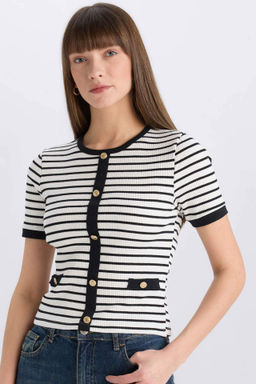 Slim Fit Dar Kesim Bisiklet Yaka Cizgili Fitilli Kaskorse K?sa Kollu Tisort - Defacto фото 2