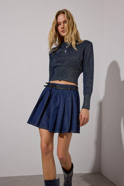 Limited Edition Koyu Mavi Pileli Kemer Detayl? Denim Etek TWOAW26ET00064 - Trendyolmilla фото 2