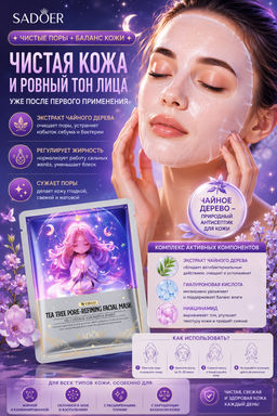 Маска для лица тканевая Садоер с экстрактом чайного дерева - Sadoer фото 2