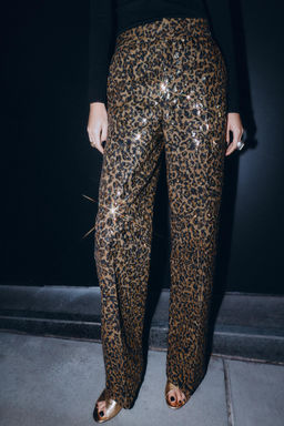 ANIMAL PRINT SEQUINNED STRAIGHT-LEG TROUSERS