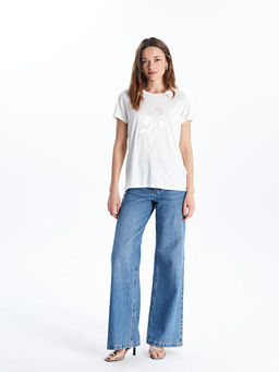 Bisiklet Yaka ?i?ekli Penye Nak??l? Kad?n Ti??rt