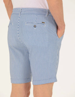 Koyu Mavi Slim Fit Beli Lastikli _izgili Ba_c_kl_ Bermuda _ort