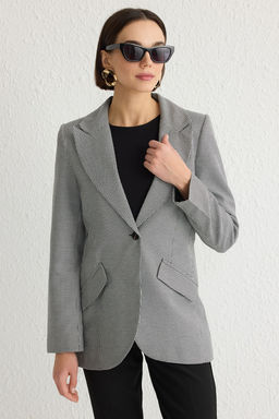 TRENDYOLMILLA Siyah Kaz Ayag? Desenli Fitted Premium Poliviskon Dokuma Blazer Ceket TWOSS25BC00013