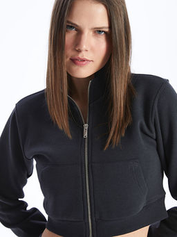 Dik Yaka D?z Crop Kad?n Fermuarl? Sweatshirt