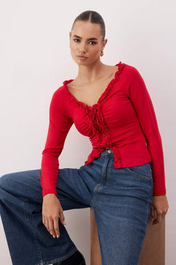 K?rm?z? Fitted/Vucuda Oturan Buzgu/F?rf?r Detayl? Uzun Kollu Esnek Orme Bluz TWOAW26BZ00162