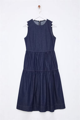 TRENDYOLMILLA Koyu Mavi Volanl? Midi Denim Elbise TWOSS25EL00007