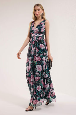 TRENDYOLMILLA Yag Yesili A-Kesim V Yaka Orme Uzun S?k Abiye Elbise TPRSS25AE00096