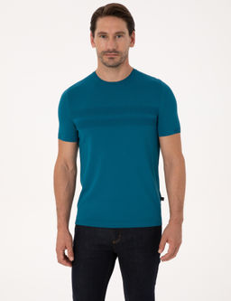 Petrol Mavisi Slim Fit Bisiklet Yaka Triko T-shirt
