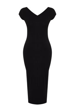 Siyah V Yaka Ay Kol Vucuda Oturan Fitilli Esnek Orme Orme Midi Kalem Elbise TWOSS24EL00818 - Trendyolmilla фото 7