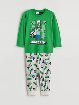 Bisiklet Yaka Minecraft Bask?l? Erkek ?ocuk Pijama Tak?m?