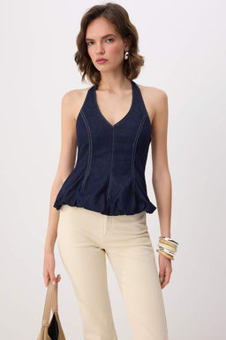 Koyu Mavi Halter Yaka Balon Denim Bluz TWOSS26BZ00705 - Trendyolmilla фото 6