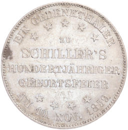 1 талер 1859 года Франкфурт 100 лет со дня рождения Фридриха Шиллера