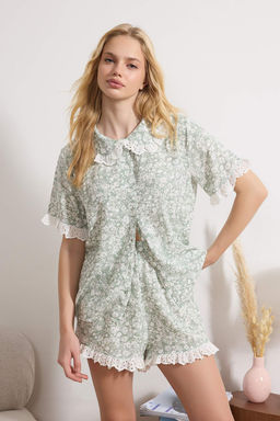 Yesil-Cok Renkli Cicekli Brode Detayl? Viskon Dokuma Pijama Tak?m? THMSS26PT00071