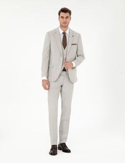 Bej Ex. Slim Fit Yelekli Tak_m Elbise