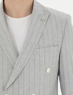 Gri Ekstra Slim Fit _izgili Kruvaze Tak_m Elbise