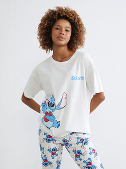 Bisiklet Yaka Stitch Bask?l? Kad?n Pijama Tak?m