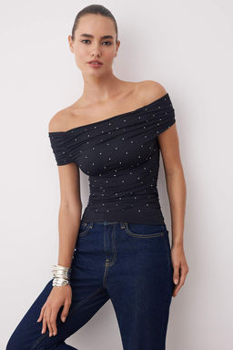 Siyah Tas Bask?l? Carmen Yaka Orme Sandy Party Bluz TPRSS25BZ00055